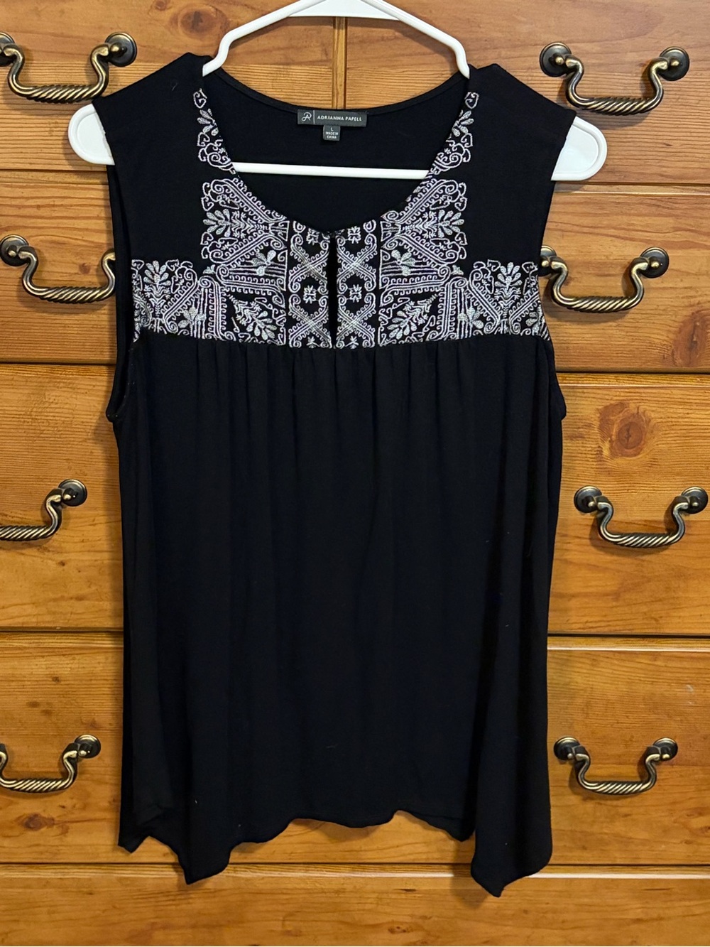 Adrianna Papell Black Sleeveless Tank with White Embroidered Yoke